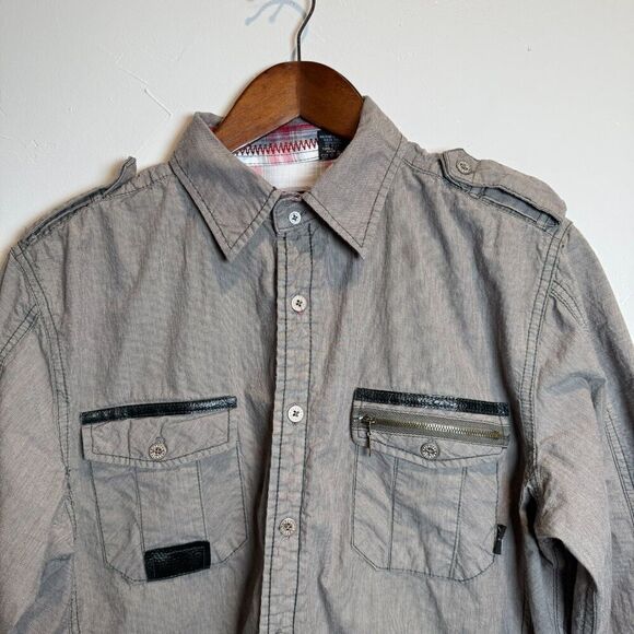 Fender Long Sleeve Button Up Washed Gray Reverse Cuff Men's Shirt Medium *SPOT* - Picture 2 of 16